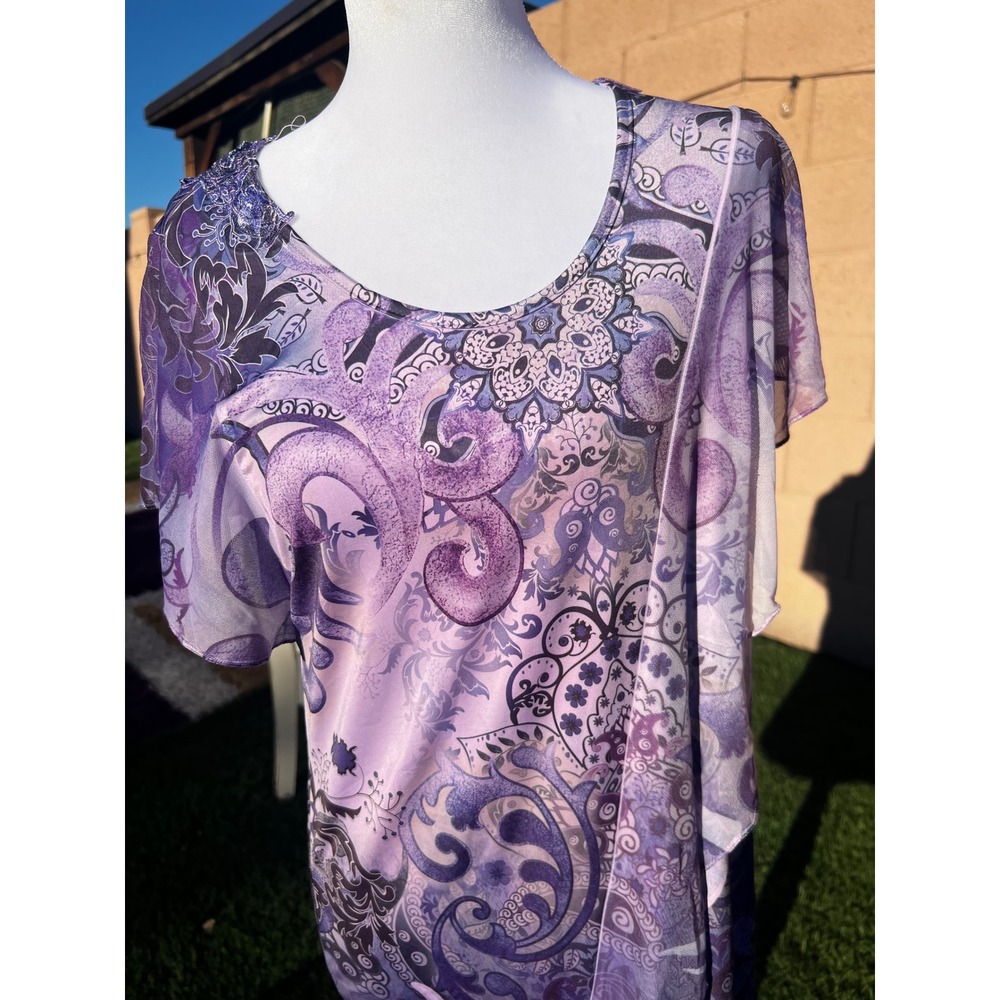Unity World Wear Purple Paisley Crochet Lace Back Tunic Top Womens Medium